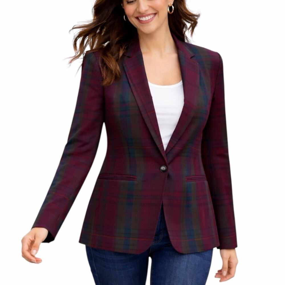 LOFT Plaid Blazer Size 12 Single Button Lined Jacket Preppy Burgundy Green Navy